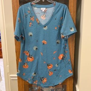 Blue and Orange Floral V-Neck Top